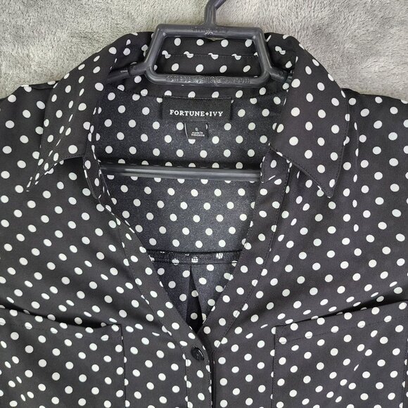 Womens Fortune + Ivy Polka Dot Button-Up Blouse Black & White Roll Tab Sleeves S - Picture 4 of 11